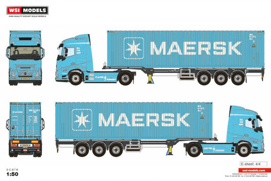 【予約】2026年発売予定 Volvoボルボ FH AERO GLOBETROTTER ELECTRIC 4X2 FLEX CONTAINER TRAILER 3 AXLE 40FT MAERSK / WSI 1/50 建設機械 模型
