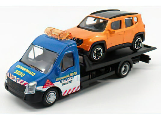 MERCEDES BENZベンツ SPRINTER SOCCORSO STRADALE WITH JEEP RENEGADE - CARRO ATTREZZI - WRECKER ROAD SERVICE - LIGHT BLUE ORANGE /BURAGO  1/43 ミニカー