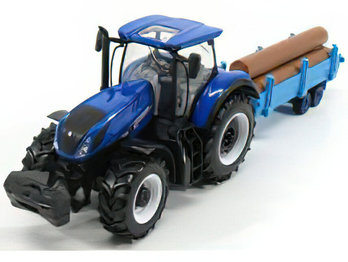 NEW HOLLAND - T7HD TRACTOR WITH TRAILER TRUNK TRANSPORT - TRASPORTO TRONCHI - BLUE /BURAGO  1/32 ミニカー