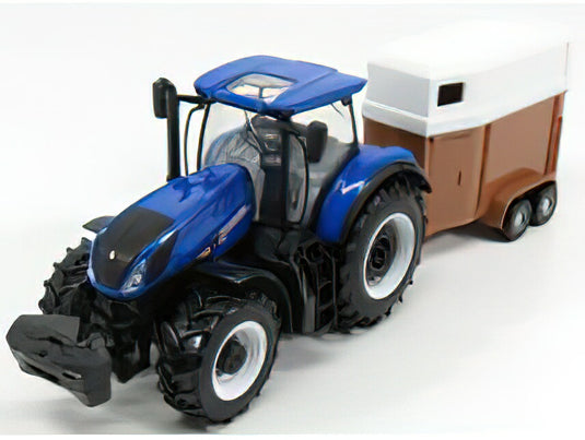 NEW HOLLAND - T7000 TRACTOR WITH HORSE TRAILER - TRASPORTO CAVALLI - BLUE BROWN WHITE /BURAGO  1/32 ミニカー