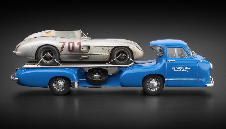 ギャラリービューアに画像をロードする, Mercedes-Benzメルセデスベンツ Racing Car Transporter &quot;The blue Wonder&quot; + 300 SLR #701 Dirty Hero /GT SPIRITスピリット 1/12 ミニカー
