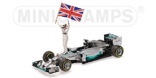 MERCEDES GP | F1  W05 AMG PETRONAS N 44 WINNER ABU DHABI GP WITH STANDING FIGURE AND FLAG WORLD CHAMPION 2014 L.HAMILTON | SILVER GREEN  /Minichampsミニチャンプス 1/18 ミニカー