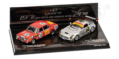 MERCEDES BENZメルセデスベンツ | SET 300 SEL 6.8 AMG N 35 2nd 24h SPA FRANCORCHAMPS 1971 + SLS GT3 N 7 24h DUBAI 2011 - TRIBUTE TO HEYER SCHICKENTANZ | ORANGE SILVER /Minichampsミニチャンプス 1/43 ミニカー