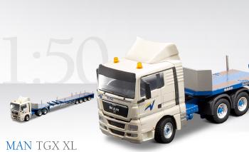 ギャラリービューアに画像をロードする, MAN TGX トラクタ 3軸 + Goldhoferゴールドフォファー 伸縮式セミトレーラー SPZ DL4 4軸 VOSS  70140/0 /CONRADコンラート建設機械 工事車両 1/50 ミニチュア 重機
