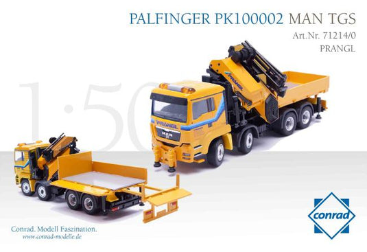【予約】12月以降発売予定PRANGL MAN TGS with telescopique flatbed and PALFINGER PK100002 and Fly Jib トラック /Conrad 建設機械模型　1/50