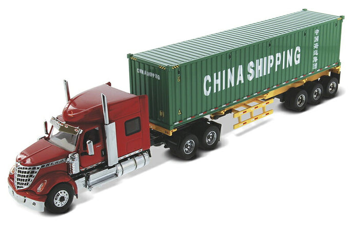 International LoneStar Sleeper in Red with Skeletal Trailer and 40' China Shipping Container /ダイキャストã�Eスターズ  1/50 ミニチュア トラチE‚¯ 建設機械模垁E工事車両