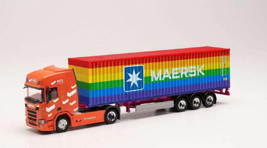 Herpa HCL Logistics Scania CR20HD container セミトレーラー 40ft Maersk Rainbow Container 314695 /Herpa  1/87 ミニチュア トラック 建設機械模型 工事車両