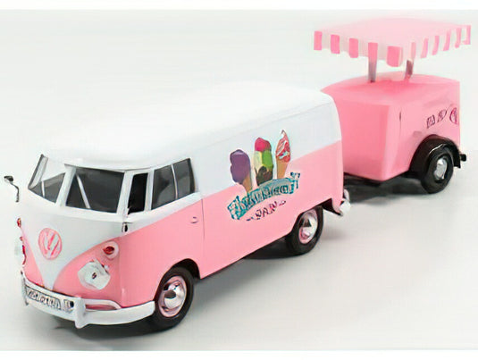 VOLKSWAGEN  T1 TYPE 2 VAN ICE CREAM WITH TRAILER 1962 - WHITE PINK/Motor Max 1/24ミニカー