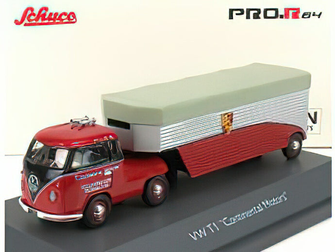 VOLKSWAGEN - T1b CONTINENTAL MOTORS PORSCHE CAR TRANSPORTER 1962 - RED BLACK SILVER /Schuco 1/64 ミニカー