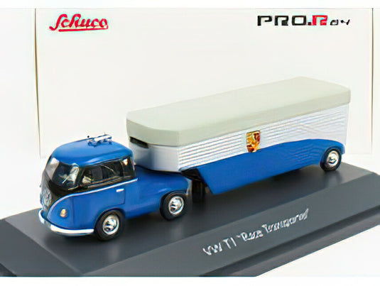 VOLKSWAGEN - T1b CONTINENTAL MOTORS PORSCHE CAR TRANSPORTER 1962 - BLUE BLACK /Schuco 1/64 ミニカー