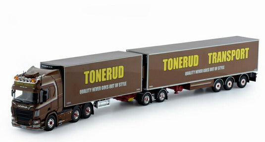 Tonerud Scaniaスカニア NG R-serie Highline met 8.00m slider trailer en 3-assige zamac koelopleggerトレーラー 建設機械模型 工事車両TEKNO 1/50 ミニチュア
