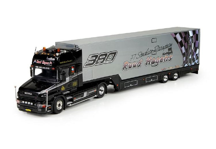 Hagens Datrans, Ruud Scaniaスカニア Torpedo Topline with (resin) racetrailerトラック  建設機械模型 工事車両 TEKNO 1/50 ミニチュア