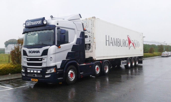 【予約】4-6月以降発売予定K&B Transport Scaniaスカニア NGS R410 4x2 with 3 axle flexitrailer and Hamburg Sud Reeferトラック  建設機械模型 工事車両 TEKNO 1/50 ミニチュア