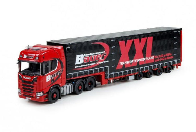 Bauer Spezialtransporte Scaniaスカニア S-Serie Highline with 4軸 Meusburgerトレーラー 建設機械模型 工事車両TEKNO 1/50 ミニチュア