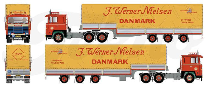 【予約】8-10月以降発売予定Nielsen, Werner J. Scania 140 6x2 sleepas met klassieke stepframe trailer  トラック/Tekno 建設機械模型 工事車両 1/50 ミニチュア