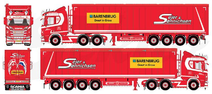 【予約】8-10月以降発売予定Sejer & Sonnichsen Scania Next Gen R-serie met 4-assige cargofloor oplegger  トラック/Tekno 建設機械模型 工事車両 1/50 ミニチュア
