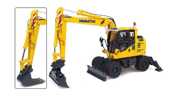 Komatsuコマツ PW148-10 Wheeled Excavator油圧ショベル with Standard and Ditching Bucket UniversalHobbiesユニバーサルホビー  建設機械模型 工事車両 1/50 ミニチュア