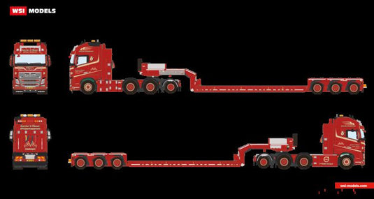 【予約】2019年1-3月以降発売予定Karsten Olesen VOLVO FH4 GLOBETROTTER 6x4 + ADD ON AXLE LOW LOADER - 3軸トレーラー  /建設機械模型 工事車両 WSI 1/50 ミニチュア
