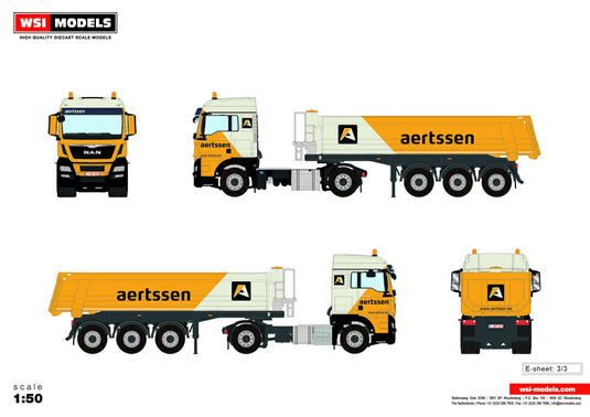 【予約】10-12月以降発売予定Aertssen MAN TGX XLX EURO 6 HALF PIPE TIPPER TRAILER - 3軸トラック /建設機械模型 工事車両WSI 1/50 ミニチュア