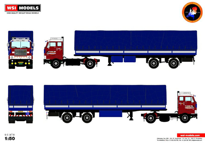 【予約】10-12月以降発売予定Van Holland Transporten; VOLVO F88 4x2 カーテンサイダートレーラー CLASSIC - 2軸 トラック /建設機械模型 工事車両 WSI 1/50 ミニチュア