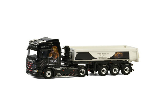 TGC Bern SCANIA R HIGHLINE CR20H 4x2 HALP PIPE TIPPER TRAILER - 3 軸トラクタ /建設機械模型 工事車両 WSI 1/50 ミニチュア