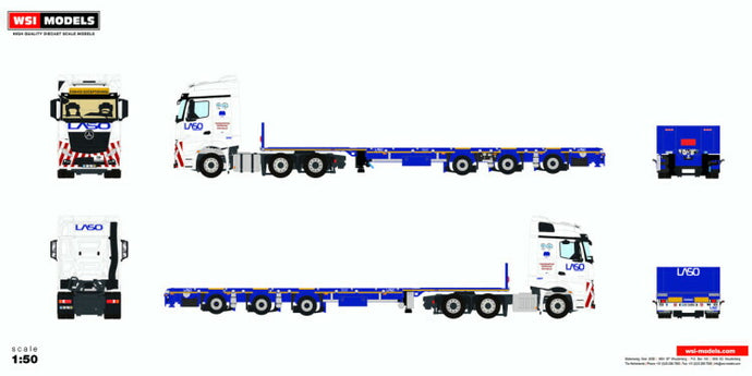 【予約】2020年1-3月以降発売予定Laso メルセデス・ベンツアクトロス MP4 STREAM SPACE 6X2 TWIN STEER MEGATRAILER FLATBED 3軸 トラック トレーラー/建設機械模型 工事車両 WSI 1/50 ミニチュア