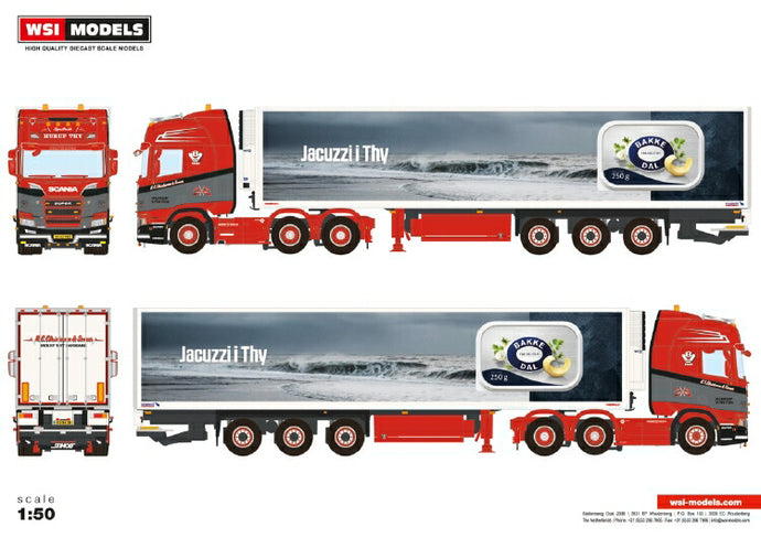 【予約】5-8月以降発売予定SCANIA R HIGHLINE  CR20H 6X2 TWINSTEER リーファートレーラー 3軸 トラック WSI 1/50 建設機械 模型ミニカー  はたらく車重機