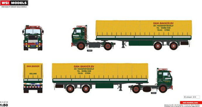 【予約】12月以降発売予定Gam Bakker VOLVO F88 CURTAINSIDE TAILER | CLASSIC - 2軸トラック/WSI 1/50 建設機械 模型ミニカー  はたらく車 重機