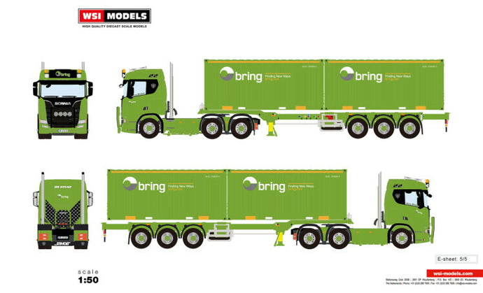 【予約】2021年1月-3月以降発売予定Bring SCANIA R NORMAL | CR20N 6X2 CONTAINER TRAILER + 2X 20 FT CONTAINER  3軸トラック  /WSI 1/50 建設機械 模型ミニカー  はたらく車