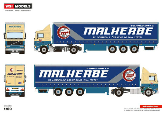 【予約】2021年1-3月以降発売予定Malherbe VOLVO F12 4X2 CURTAINSIDE TRAILER 3軸トラック  /WSI  建設機械模型 工事車両 1/50 ミニチュア