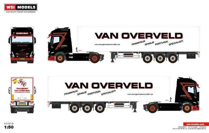 【予約】12月以降発売予定Van Overveld; VOLVO FH5 GLOBETROTTER XL 4X2 BOX TRAILER 3軸トラック/WSI 建設機械模型 工事車両 1/50 ミニカー
