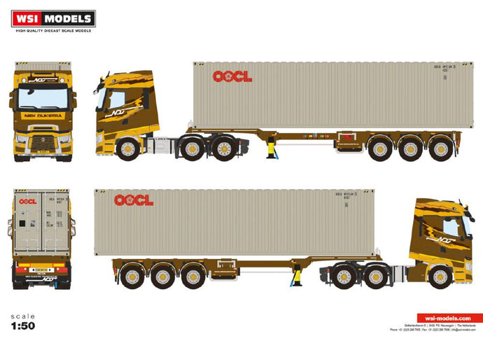 【予約】2024年発売予定NIEK DIJKSTRA; RENAULT T EVO HIGH 6X2 CONTAINER TRAILER  3軸 + 40 フィートコンテナ トラック / WSI 1/50建設機械模型　ミニチュア