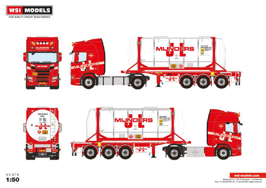 【予約】2024年発売予定J.L. MIJNDERS TRANSPORT; SCANIA R HIGHLINE CR20H 4X2 CONTAINER TRAILER  3軸 +20FT TANK CONTAINER トラック トレーラー/ WSI 1/50建設機械模型　ミニチュア