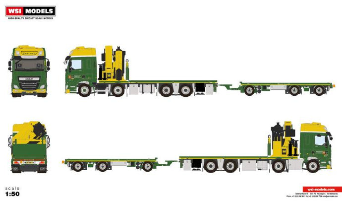 【予約】2024年発売予定Boerman; DAF CF SPACE CAB MY2017 RIGED FLAT BED TRUCK WITH PALFINGER PK 65002 SH + JIB 8X2 TAG AXLE FLAT BED TRAILER - 3 AXLE /トラックWSI 1/50 建設機械模型