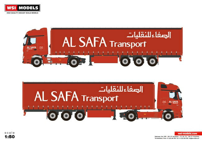 Al Safa Transport メルセデスベンツアクトロス Big Space カーテンサイダートレーラー 3軸 トラック /WSI 建設機械模型 工事車両 1/50 ミニチュア
