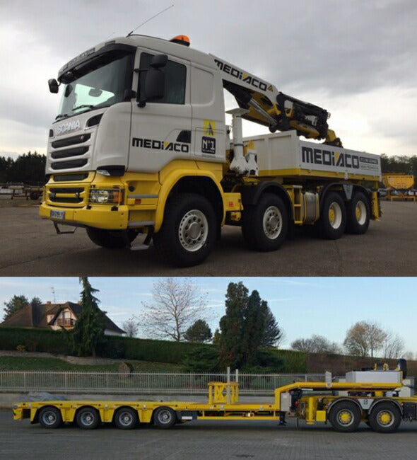 【予約】10-12月以降発売予定Mediaco SCANIAスカニア Streamline Highline + Palfinger 7400.2 + Jib + Ballast box Semi Lowloader 4軸 トラック /WSI 建設機械模型 工事車両 1/50 ミニチュア
