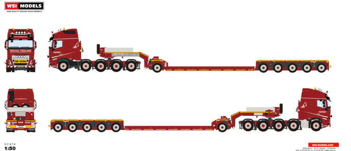 【予約】2023年3月以降発売予定Nooteboom Red Line; VOLVO FH5 GLOBETROTTER XL 10X4 LOWLOADER - 5 AXLE + DOLLY - 1 AXLEトレーラー トラック /建設機械模型 工事車両 WSI 1/50 ミニチュア