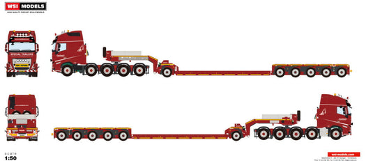 【予約】2023年3月以降発売予定Nooteboom Red Line; VOLVO FH5 GLOBETROTTER XL 10X4 LOWLOADER - 5 AXLE + DOLLY - 1 AXLEトレーラー トラック /建設機械模型 工事車両 WSI 1/50 ミニチュア