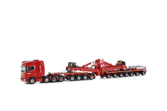 【予約】4-6月以降発売予定NOOTEBOOM RED LINE; SCANIA S HIGHLINE CS20H 8X4 WIND MILL TRAILER WITH 4 AXLE DOLLY - 7 AXLE トラック /WSI  1/50 建設機械模型 工事車両