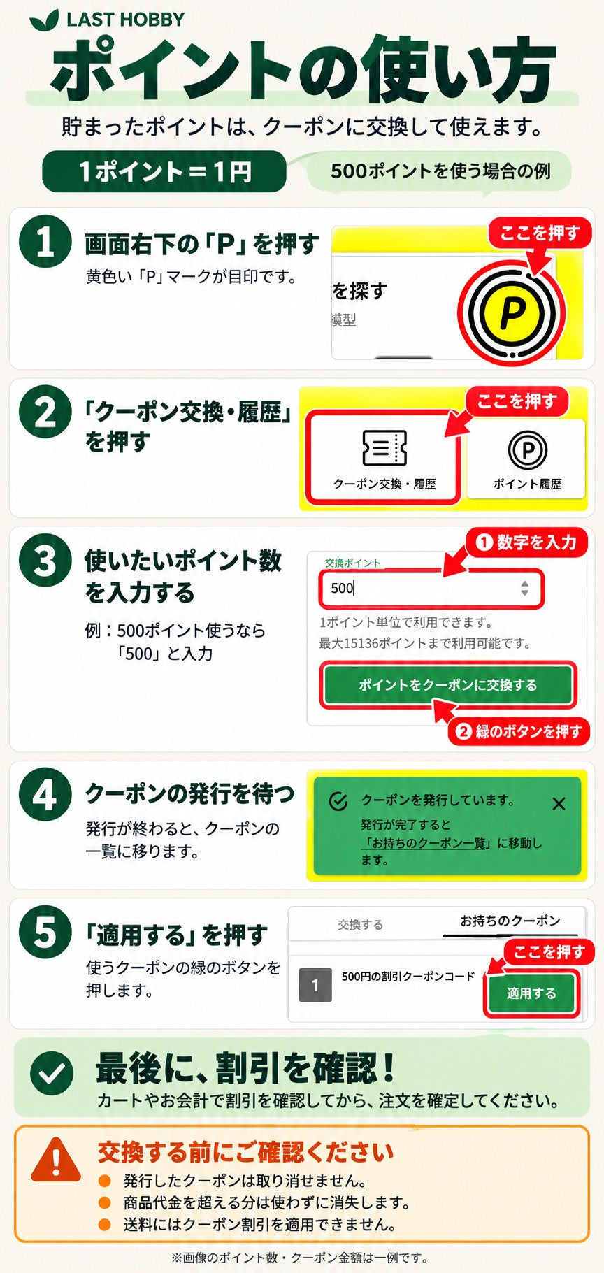 ポイントの使い方。1：画面右下の黄色い「P」マークを押す。2：「クーポン交換・履歴」を押す。3：使いたいポイント数を入力し（例：500ポイントなら「500」）、緑の「ポイントをクーポンに交換する」ボタンを押す。4：クーポンの発行を待つ（発行が終わるとクーポンの一覧に移ります）。5：使うクーポンの緑の「適用する」ボタンを押す。最後に、カートやお会計で割引を確認してから注文を確定してください。発行したクーポンは取り消せません。商品代金を超える分は使わずに消失します。送料にはクーポン割引を適用できません。